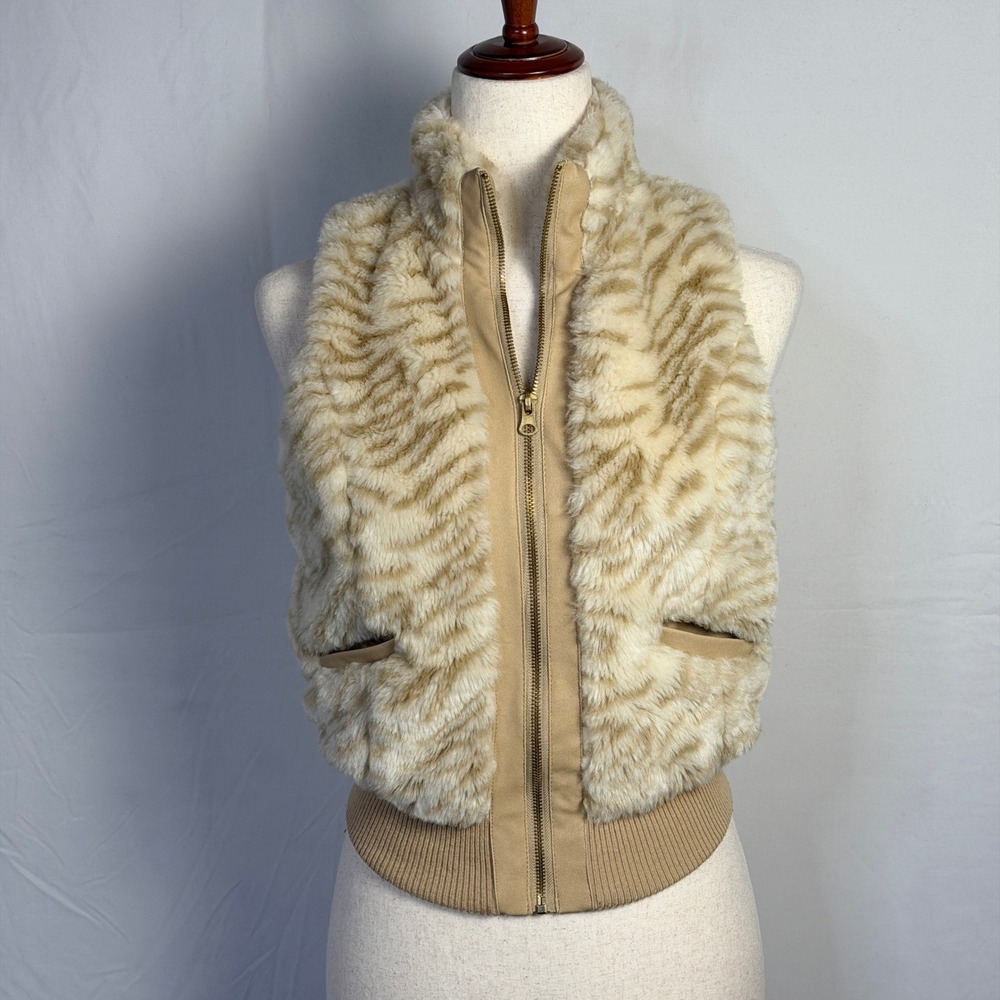 Joujou Girls Faux Fur Vest Tan Cream Animal Print Zip Front Size Large 14/16